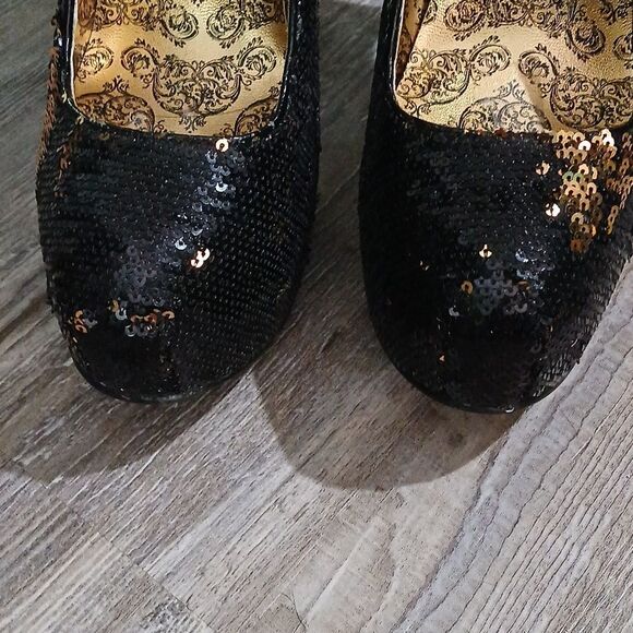 Bordello black gold shifting sequin stiletto 6" heels Sz 7 NWOT - Picture 6 of 10